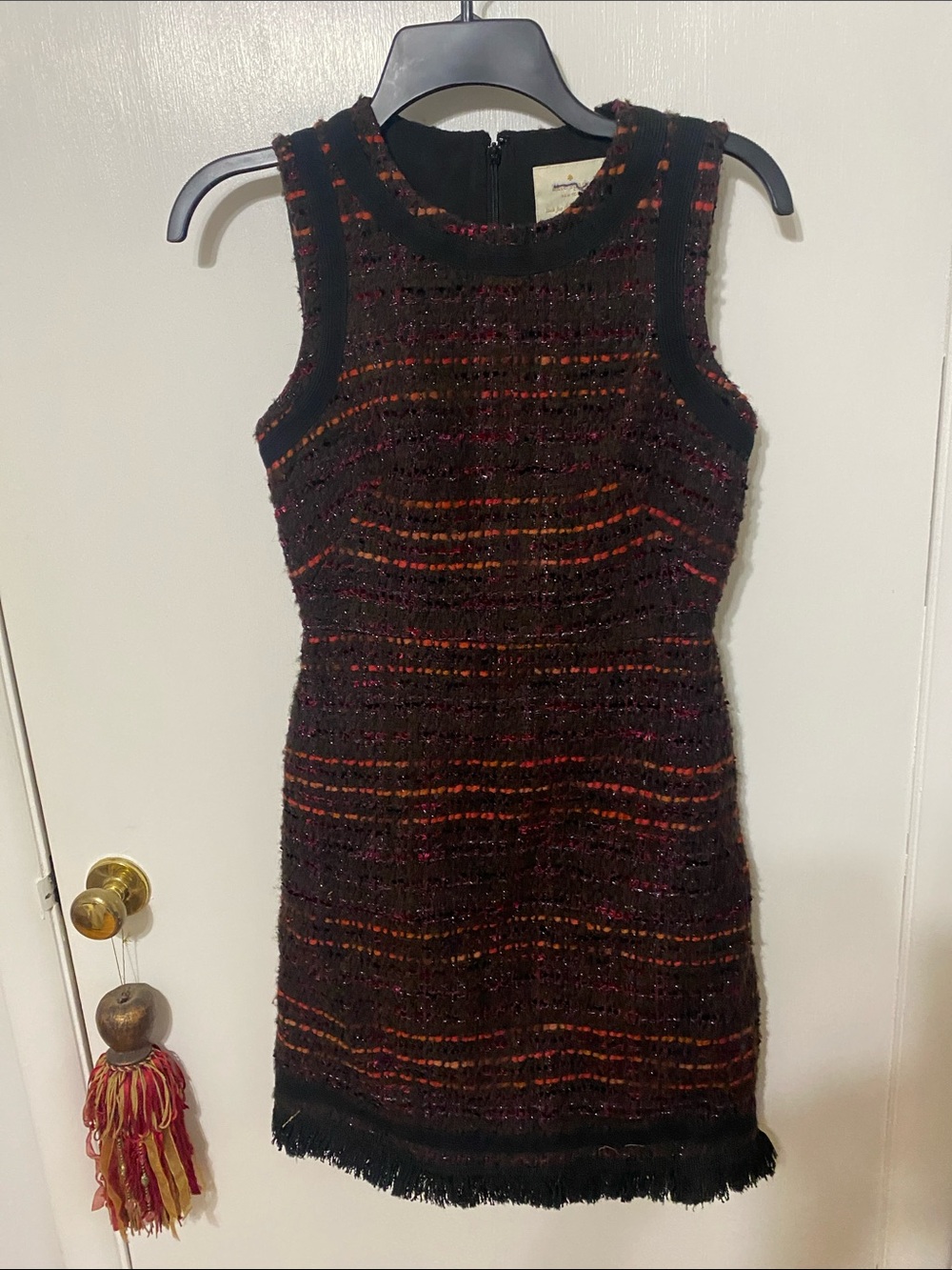 kate spade Black Tweed Mini Dress with Red & Orange Stripe Detail